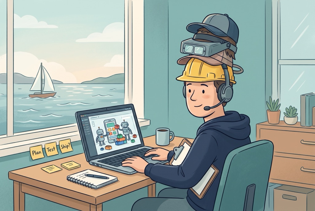 Cartoon of a man in a navy hoodie at a desk by a harbour window with a sailboat, wearing a comical stack of hats: a yellow hard hat, a headset, an inspector's magnifying visor, and a ball cap, with a clipboard tucked under his arm. On his laptop, small robots assemble an app from building blocks. Sticky notes on the windowsill read Plan, Test, and Ship?