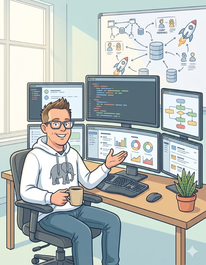 Cartoon illustration of Ian Bezanson at a desk with multiple monitors