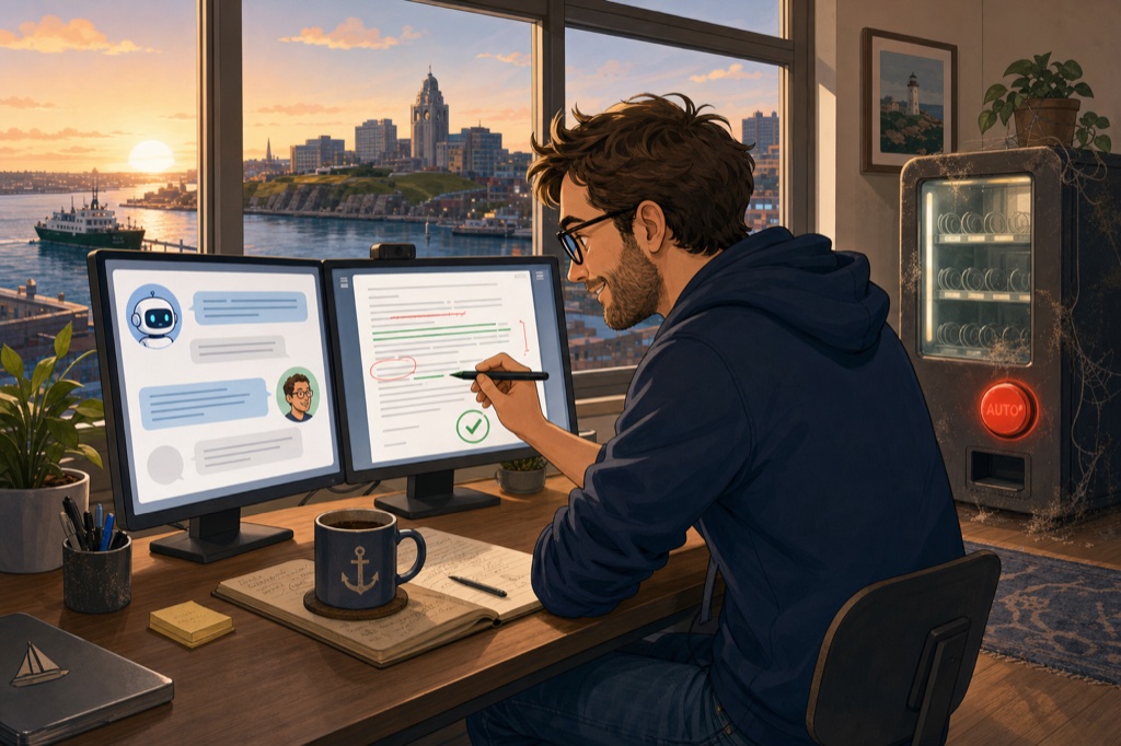 Cartoon illustration of a man in a navy hoodie at a tidy wooden desk, leaning in and marking up the AI's output on a screen with a stylus. The left monitor shows a friendly chatbot and chat bubbles; the right monitor shows a document with tracked edits and a green checkmark. A coffee mug with an anchor sits on the desk next to an open notebook. Through the window behind him the sun rises over a harbour skyline. Off to the right, a dusty and ignored vending machine glows with a single large red button labelled AUTO.