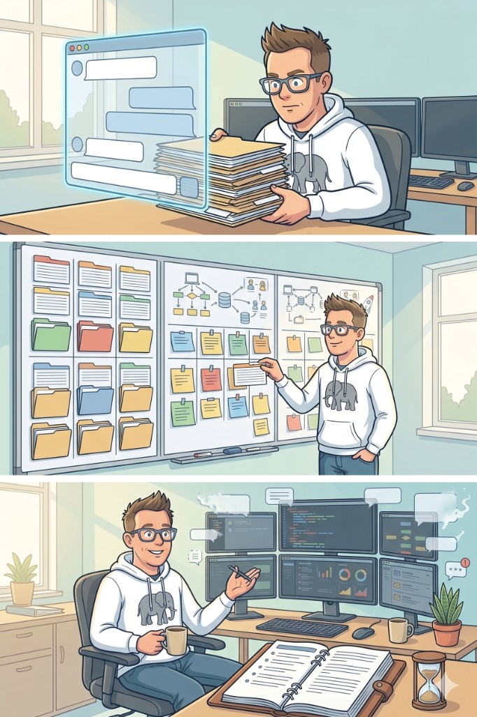 Three-panel cartoon: in panel one, a man holds a stack of file folders next to a glowing chat-window; in panel two, the same man stands at a wall of organized folders and sticky notes; in panel three, he sits calmly at a desk with monitors, a notebook open in front of him, and chat bubbles fading into the background next to an hourglass