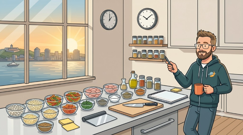 Cartoon of a man in a hoodie holding a coffee mug in a tidy kitchen. The counter is lined with prepped ingredients in glass bowls, a cutting board and knife, oil and spice jars, and an open notebook. Two clocks hang on the wall and a sunrise lights a harbour skyline through the window.