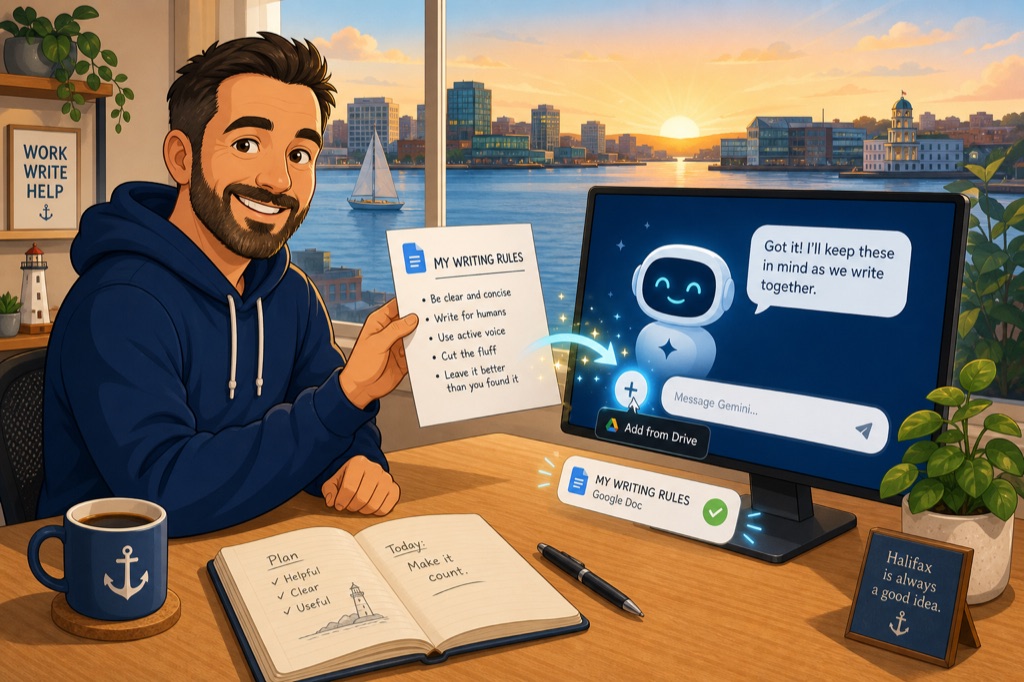 Cartoon illustration of a man in a navy hoodie at a tidy wooden desk, holding up a page titled 'My Writing Rules' with a short bulleted list and feeding it toward a monitor. On the screen a friendly Gemini-style chatbot replies that it will keep the rules in mind, with a glowing plus button and an 'Add from Drive' tag showing the doc being attached. An anchor coffee mug and an open notebook sit on the desk, and through the window behind him the sun rises over the Halifax harbour.