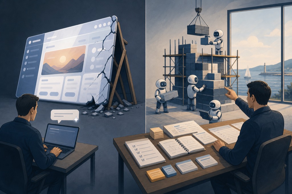 Split illustration. On the left, a person at a laptop types one short prompt and a flashy but hollow app interface looms above, propped up like a movie-set facade and cracking apart. On the right, a person at a tidy desk covered with checklists and planning notes directs a small crew of robots assembling a solid brick structure on scaffolding, a harbour and sailboat through the window.