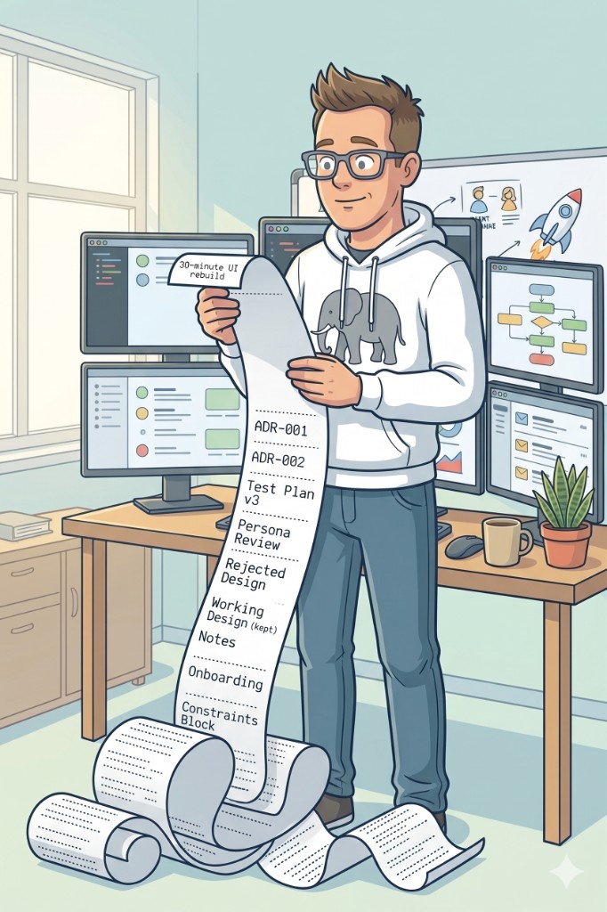 Cartoon illustration of Ian holding a long receipt that unfurls to the floor. The line items read ADR-001, ADR-002, Test Plan v3, Persona Review, Rejected Design, Working Design (kept), Notes, Onboarding, and Constraints Block. At the very top of the receipt, a small line reads '30-minute UI rebuild.'