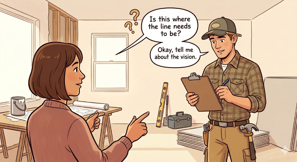 Cartoon scene in a partially-finished room. A homeowner with shoulder-length brown hair and a rust-coloured sweater stands at left pointing toward the wall, mid-conversation. A contractor in a green plaid shirt and tan work pants stands at right holding a clipboard and a pen, attentive, hammer in his belt. Speech bubbles between them: from the homeowner, 'Is this where the line needs to be?' From the contractor, 'Okay, tell me about the vision.' A level leans against the wall, a paint can sits on a sawhorse, drawings are rolled out, a toolbox at the contractor's feet. Warm afternoon light through a window.